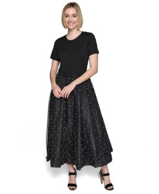 KARL LAGERFELD PARIS - Women's Mixed-Media Embellished Fit & Flare Dress
