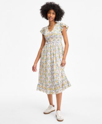 On 34th - Women's Printed Smocked Flutter-Sleeve Midi Dress