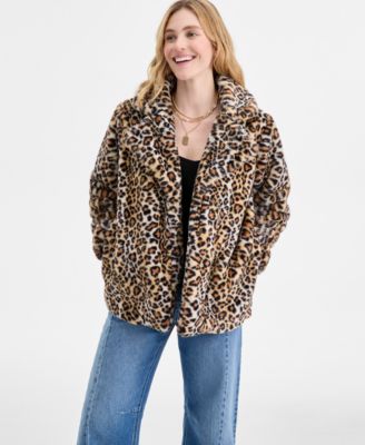 On 34th - Women's Woven Sketchy Leopard-Print Faux-Fur Coat