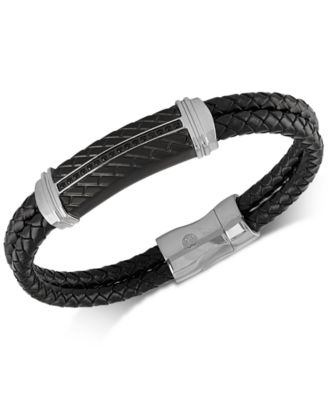 Esquire Men's Jewelry - Diamond & Leather Bracelet in Stainless Steel & Black Ion-Plate