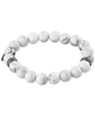 LEGACY for MEN by Simone I. Smith - White Agate (10mm) Beaded Stretch Bracelet in Stainless Steel
