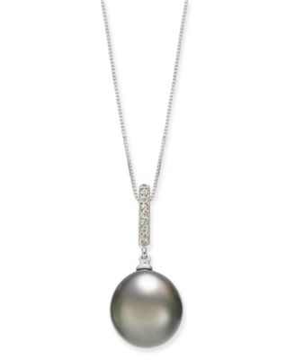 Macy's - Cultured Tahitian Pearl (10mm) & Diamond Accent 18" Pendant Necklace in 14k White Gold