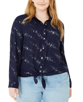 NY Collection - Plus Size Printed Button-Front Tie-Hem Top