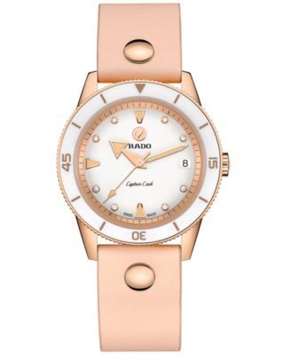 Rado - Women's Swiss Automatic Captain Cook Diamond (1/20 ct. t.w.) Beige Leather Wrap Strap Watch 37mm