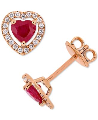 Macy's - Ruby (1 ct. t.w.) & Diamond (1/5 ct. t.w.) Heart Halo Stud Earrings in 14k Rose Gold