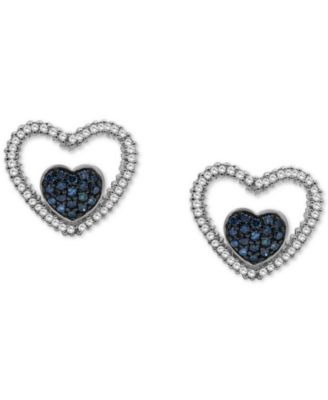 Macy's - Blue Diamond (1/3 ct. t.w.) & White Diamond (1/6 ct. t.w.) Double Heart Stud Earrings in Sterling Silver