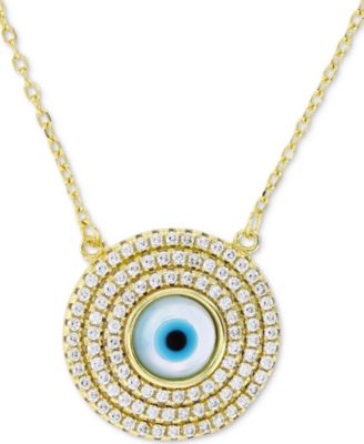 Macy's - Cubic Zirconia & Enamel Evil Eye Halo Pendant Necklace in 14k Gold-Plated Sterling Silver, 16" + 1" extender