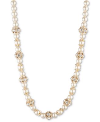 Marchesa - Gold-Tone Imitation Pearl & Crystal Button Station Necklace, 16" + 3" extender