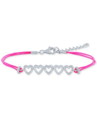Macy's - Diamond Accent Multi-Heart Pink Cord Bracelet in Sterling Silver