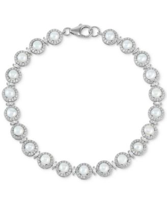 Arabella - Cultured Freshwater Button Pearl (4 - 4-1/2mm) & Cubic Zirconia Link Bracelet in Sterling Silver