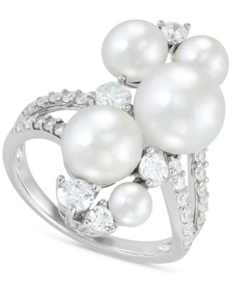Arabella - Cultured Freshwater Button Pearl (4 - 9-1/2mm) & Cubic Zirconia Cluster Ring in Sterling Silver