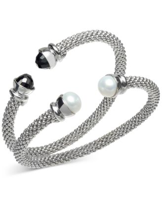 Macy's - 2-Pc. Set Cultured Freshwater Pearl (8-1/4 - 8-1/2mm) & Onyx Popcorn Cuff Bangle Bracelets in Sterling Silver