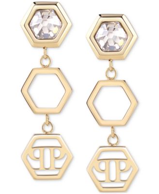 Philipp Plein - Gold-Tone IP Stainless Steel Crystal Hexagon Logo Triple Drop Earrings