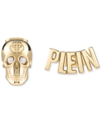 Philipp Plein - Gold-Tone IP Stainless Steel Pav&eacute; 3D $kull & PLEIN Lettering Mismatch Stud Earrings