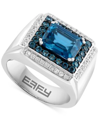 EFFY Collection - Men's London Blue Topaz (4-1/2 ct. t.w.) & White Topaz (1/3 ct. t.w.) Rectangular Halo Ring in Sterling Silver