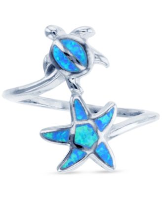 Macy's - Lab-Grown Opal Inlay Star & Turtle Bypass Ring in Sterling Silver