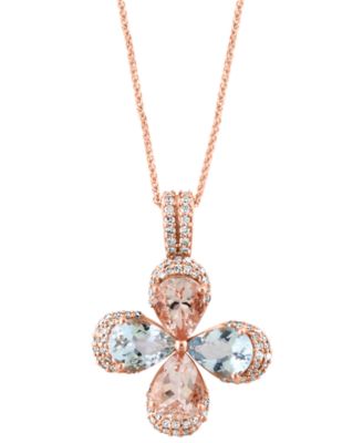 LALI Jewels - Aquamarine (1-3/8 ct. t.w.), Morganite (1-1/3 ct. t.w.) & Diamond (1/3 ct. t.w.) Flower Pendant Necklace in 14k Rose Gold, 16" + 2" extender