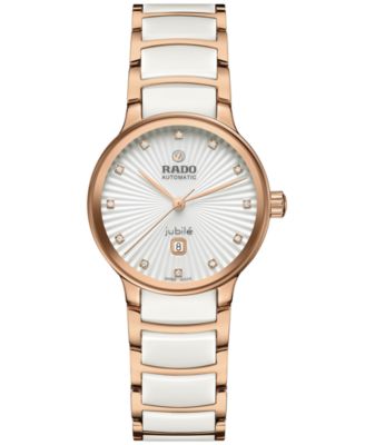 Rado - Women's Swiss Automatic Centrix Diamond (1/20 ct. t.w.) White High-Tech Ceramic & Rose Gold PVD Stainless Steel Bracelet Watch