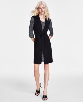Connected - Women's Round-Neck Tie-Waist Mixed-Media Sheath Dress