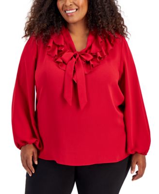 Kasper - Plus Size Tie-Front Ruffle-Trim Blouse