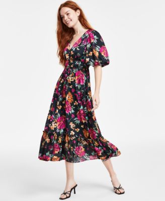 kensie - Women's Floral-Print Elastic-Waist Puff-Sleeve Tiered Dress