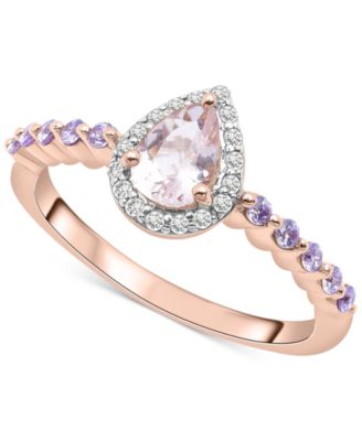 Macy's - Morganite (1/3 ct. t.w.), Rose de France Amethyst (1/3 ct. t.w.) & Diamond Halo Ring in 14k Rose Gold