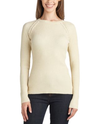 BCX - Juniors' Metallic Lace-Up Raglan-Sleeve Ribbed Sweater