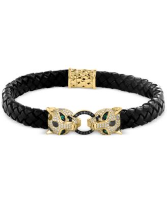 EFFY Collection - White Diamond & Black Diamond (7/8 ct. t.w.) & Emerald (1/20 ct. t.w.) Panther Head Leather Bracelet in 14k Gold