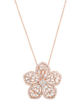 EFFY Collection - Diamond Round & Baguette Flower 18" Pendant Necklace (3/4 ct. t.w.) in 14k Rose Gold