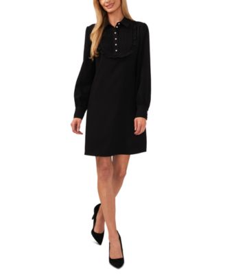 CeCe - Women's Collared Pintucked-Bib Long-Sleeve Dress