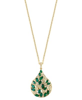 EFFY Collection - Emerald (1-7/8 ct. t.w.) & Diamond (1/3 ct. t.w.) Teardrop Cluster 18" Pendant Necklace in 14k Gold
