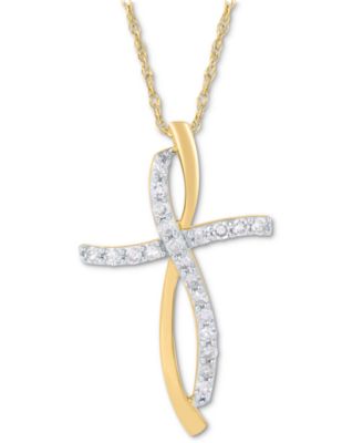 Macy's - Diamond Curved Cross 18" Pendant Necklace (1/4 ct. t.w.) in 10k Gold