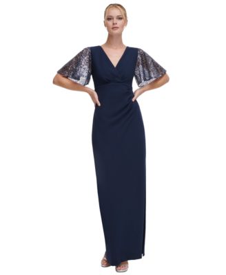 DKNY - Women's V-Neck Sequin Flutter-Sleeve Gown