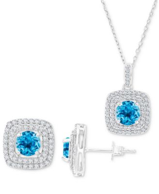 Macy's - 2-Pc. Set Swiss Blue Topaz (3-5/8 ct. t.w.) & Lab-Grown White Sapphire (7/8 ct. t.w.) Square Halo Pendant Necklace & Matching Stud Earrings in Sterling Silver