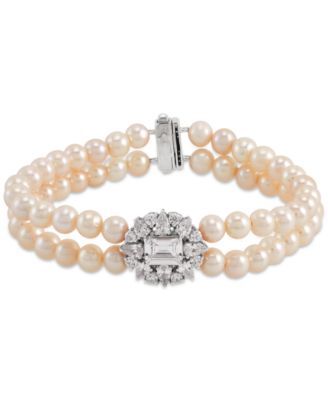 Arabella - Freshwater Pearl (5-6mm) & Cubic Zirconia Double Row Bracelet in Sterling Silver