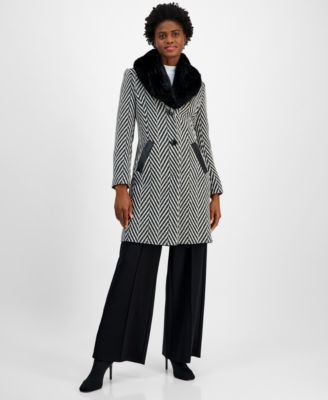 Via Spiga - Women's Faux-Fur-Collar Chevron Coat