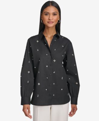 KARL LAGERFELD PARIS - Women's Cotton Embellished Long-Sleeve Blouse