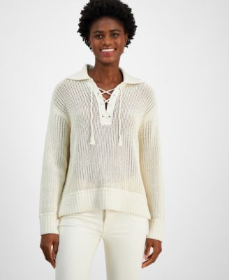 Nautica Jeans - Women's Collared Lace-Up Cotton Sweater