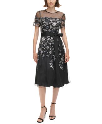 Eliza J - Petite Embroidered Illusion Fit & Flare Dress
