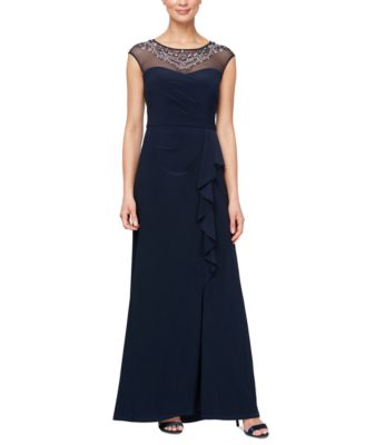 Alex Evenings - Petite Beaded Illusion-Neck Cascade Gown
