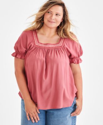 Style & Co - Puff-Sleeve Crochet-Trim Top