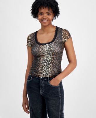 Madden Girl - Juniors' Lace-Trim Animal-Print Mesh Top