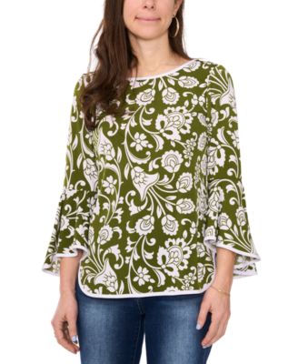 Sam & Jess - Petite Bell-Sleeve Contrast-Trim Printed Knit Top