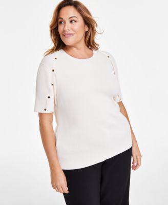 Anne Klein - Plus Size Button-Trim Ribbed Short-Sleeve Top