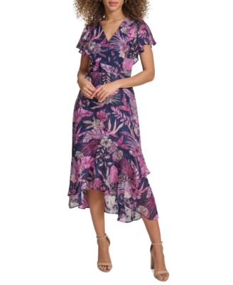 kensie - Women's Printed Flutter-Sleeve Midi Dress