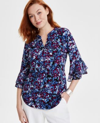 Kasper - Women's Printed 3/4-Sleeve V-Neck Blouse