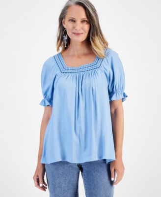 Style & Co - Petite Crocheted Square-Neck Ruffled-Cuff Top