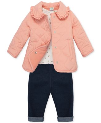 Little Me - Baby Girls Quilted Jacket, Floral Tee & Denim Pants Set