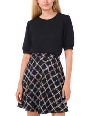 CeCe - Women's Puff-Sleeve Mixed-Media Tweed Dress