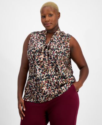 Kasper - Plus Size Printed Tie-Neck Sleeveless Blouse
